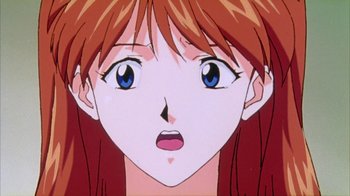 Movie still from “Neon Genesis Evangelion: Death & Rebirth” (1997), directed by Tensai Okamura – A woman's face in a cartoon; Close Up shot, Low angle