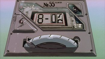 Movie still from “Neon Genesis Evangelion: Death & Rebirth” (1997), directed by Tensai Okamura – A clock showing 8 : 0 4; Extreme Close Up shot, Low angle