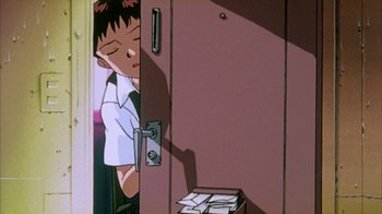 Movie still from “Neon Genesis Evangelion: Death & Rebirth” (1997), directed by Tensai Okamura – A cartoon of a boy opening the door of a room; Close Up shot, Low angle