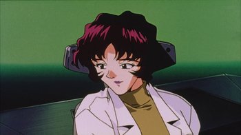 Movie still from “Neon Genesis Evangelion: Death & Rebirth” (1997), directed by Tensai Okamura – A cartoon character with a green background; Close Up shot, Low angle