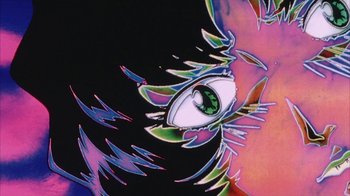Movie still from “Neon Genesis Evangelion: Death & Rebirth” (1997), directed by Tensai Okamura – View of the eye of a person; Extreme Close Up shot, Low angle