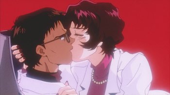 Movie still from “Neon Genesis Evangelion: Death & Rebirth” (1997), directed by Tensai Okamura – A couple of people that are kissing in a room; Extreme Close Up shot, Low angle