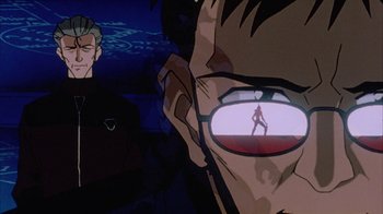 Movie still from “Neon Genesis Evangelion: Death & Rebirth” (1997), directed by Tensai Okamura – A man's reflection in a pair of glasses; Close Up shot, Low angle
