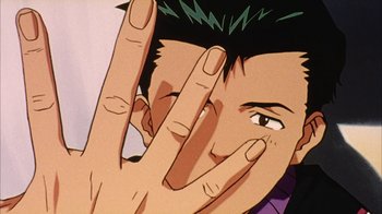 Movie still from “Neon Genesis Evangelion: Death & Rebirth” (1997), directed by Tensai Okamura – A person's hands and eyes; Extreme Close Up shot, High angle