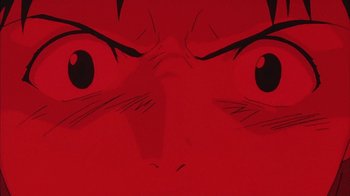 Movie still from “Neon Genesis Evangelion: Death & Rebirth” (1997), directed by Tensai Okamura – View of a cat's eyes in red; Extreme Close Up shot, Overhead angle