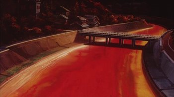 Movie still from “Neon Genesis Evangelion: Death & Rebirth” (1997), directed by Tensai Okamura – A painting of a river with a bridge going over it; Extreme Wide shot, High angle