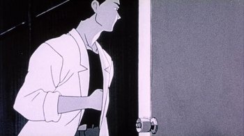 Movie still from “Neon Genesis Evangelion: Death & Rebirth” (1997), directed by Tensai Okamura – A man standing in front of a door; Medium shot, Low angle