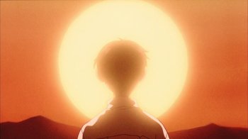 Movie still from “Neon Genesis Evangelion: Death & Rebirth” (1997), directed by Tensai Okamura – A person standing in front of the sun; Close Up shot, Low angle