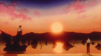 Movie still from “Neon Genesis Evangelion: Death & Rebirth” (1997), directed by Tensai Okamura – A painting of the sun setting over a body of water; Extreme Wide shot, Low angle