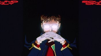Movie still from “Neon Genesis Evangelion: Death & Rebirth” (1997), directed by Tensai Okamura – An animated man with his hands over his mouth; Close Up shot, Low angle