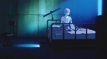 Movie still from “Neon Genesis Evangelion: Death & Rebirth” (1997), directed by Tensai Okamura – An animated scene of a woman sitting on a bed; Wide shot, Low angle