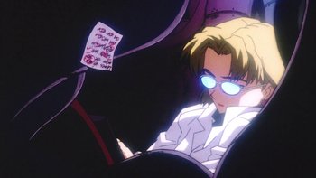 Movie still from “Neon Genesis Evangelion: Death & Rebirth” (1997), directed by Tensai Okamura – A man with glasses sitting in a car seat; Medium shot, Low angle