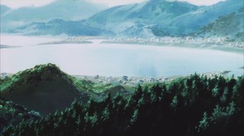 Movie still from “Neon Genesis Evangelion: Death & Rebirth” (1997), directed by Tensai Okamura – A view of a lake and a town from a hill; Extreme Wide shot, Low angle