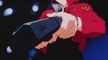 Movie still from “Neon Genesis Evangelion: Death & Rebirth” (1997), directed by Tensai Okamura – A person holding a gun in their hand; Extreme Close Up shot, Low angle