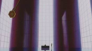 Movie still from “Neon Genesis Evangelion: Death & Rebirth” (1997), directed by Tensai Okamura – A person standing in front of a large window; Extreme Wide shot, Low angle