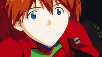 Movie still from “Neon Genesis Evangelion: Death & Rebirth” (1997), directed by Tensai Okamura – A person's face in anime style; Close Up shot, Low angle