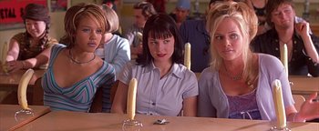 Movie still from “Never Been Kissed” (1999), directed by Raja Gosnell – A group of people sitting at a table with candles; Medium shot, Over the shoulder angle
