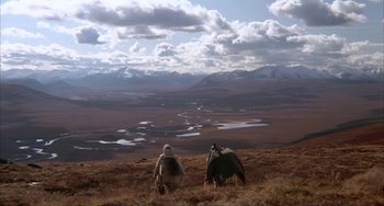 Movie still from “Never Cry Wolf” (1983), directed by Carroll Ballard – A couple of animals that are in the grass; Extreme Wide shot, High angle