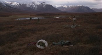 Movie still from “Never Cry Wolf” (1983), directed by Carroll Ballard – A man standing in the middle of a grassy field; Extreme Wide shot, High angle