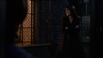 Movie still from “New Year's Eve” (2011), directed by Garry Marshall – A woman standing in a dark room next to a fence; Medium shot, Over the shoulder angle