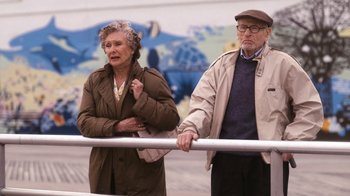 Movie still from “New York, I Love You” (2008), directed by Wen Jiang – An older man and woman standing next to a railing; Medium shot, High angle