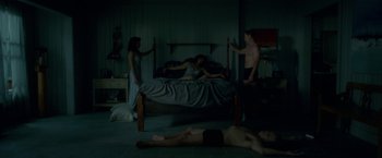 Movie still from “Gerald's Game” (2017), directed by Mike Flanagan – Three people in the dark in a bedroom; Wide shot, High angle