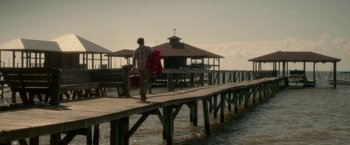 Movie still from “Gerald's Game” (2017), directed by Mike Flanagan – A man walking across a pier carrying a red bag; Extreme Wide shot, Low angle
