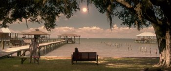Movie still from “Gerald's Game” (2017), directed by Mike Flanagan – A woman sitting on a bench looking out at the water; Extreme Wide shot, High angle