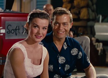 Movie still from “Niagara” (1953), directed by Henry Hathaway – A man and a woman sitting next to each other; Medium shot, Low angle