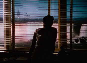 Movie still from “Niagara” (1953), directed by Henry Hathaway – A woman standing in front of a window looking out at a waterfall; Wide shot, Over the shoulder angle