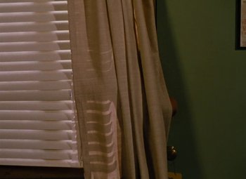 Movie still from “Niagara” (1953), directed by Henry Hathaway – A window with curtains and blinds on a green wall; Medium shot, Low angle