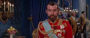 Movie still from “Nicholas and Alexandra” (1971), directed by Franklin J. Schaffner – A man in a red and gold uniform with a beard; Close Up shot, Low angle