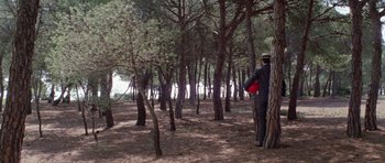 Movie still from “Nicholas and Alexandra” (1971), directed by Franklin J. Schaffner – A man standing next to a tree in the woods; Extreme Wide shot, Low angle