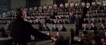 Movie still from “Nicholas and Alexandra” (1971), directed by Franklin J. Schaffner – A group of men in suits sitting in a room; Wide shot, High angle