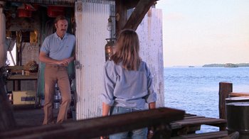 Movie still from “Night Moves” (1975), directed by Arthur Penn – A man and a woman standing in front of the ocean; Wide shot, Over the shoulder angle