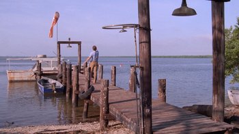 Movie still from “Night Moves” (1975), directed by Arthur Penn – A man standing on a pier next to the water; Extreme Wide shot, Low angle