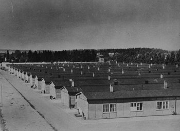 Movie still from “Night and Fog” (1956), directed by Alain Resnais – A black and white photo of a lot of buildings; Extreme Wide shot, High angle