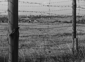 Movie still from “Night and Fog” (1956), directed by Alain Resnais – A black and white photo of a barbed wire fence; Extreme Wide shot, Low angle
