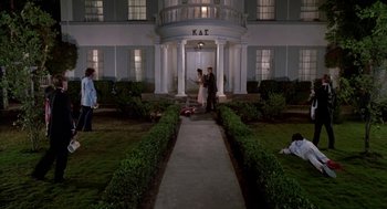 Movie still from “Night of the Creeps” (1986), directed by Fred Dekker – A group of people standing in front of a building; Extreme Wide shot, High angle