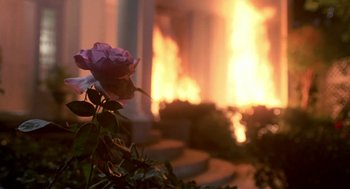 Movie still from “Night of the Creeps” (1986), directed by Fred Dekker – A rose that is sitting in front of a fireplace; Close Up shot, Low angle