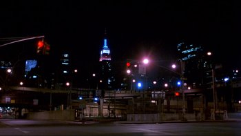 Movie still from “Night on Earth” (1991), directed by Jim Jarmusch – A view of the empire state building at night; Extreme Wide shot, Low angle