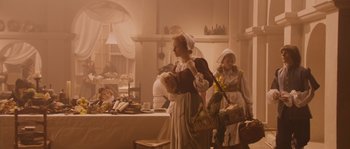 Movie still from “Nightwatching” (2007), directed by Peter Greenaway – A group of people dressed in period clothing; Wide shot, High angle