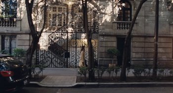 Movie still from “Nimic” (2019), directed by Yorgos Lanthimos – A wrought iron gate in front of a building; Extreme Wide shot, High angle