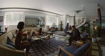 Movie still from “Nimic” (2019), directed by Yorgos Lanthimos – A group of people sitting around a living room; Wide shot, High angle