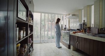 Movie still from “Nimic” (2019), directed by Yorgos Lanthimos – A woman standing in a kitchen looking out the window; Wide shot, High angle