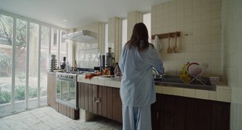 Movie still from “Nimic” (2019), directed by Yorgos Lanthimos – A woman standing in front of a sink in a kitchen; Wide shot, Low angle