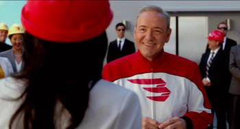 A person wearing a red and white jacket