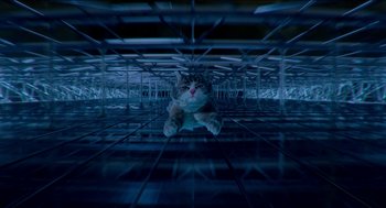 Movie still from “Nine Lives” (2016), directed by Barry Sonnenfeld – A cat laying on top of a metal structure; Wide shot, Low angle