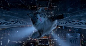 Movie still from “Nine Lives” (2016), directed by Barry Sonnenfeld – A cat flying through the air over a city at night; Wide shot, Overhead angle