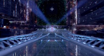 Movie still from “Nine Lives” (2016), directed by Barry Sonnenfeld – An image of a futuristic city at night time; Extreme Wide shot, Overhead angle